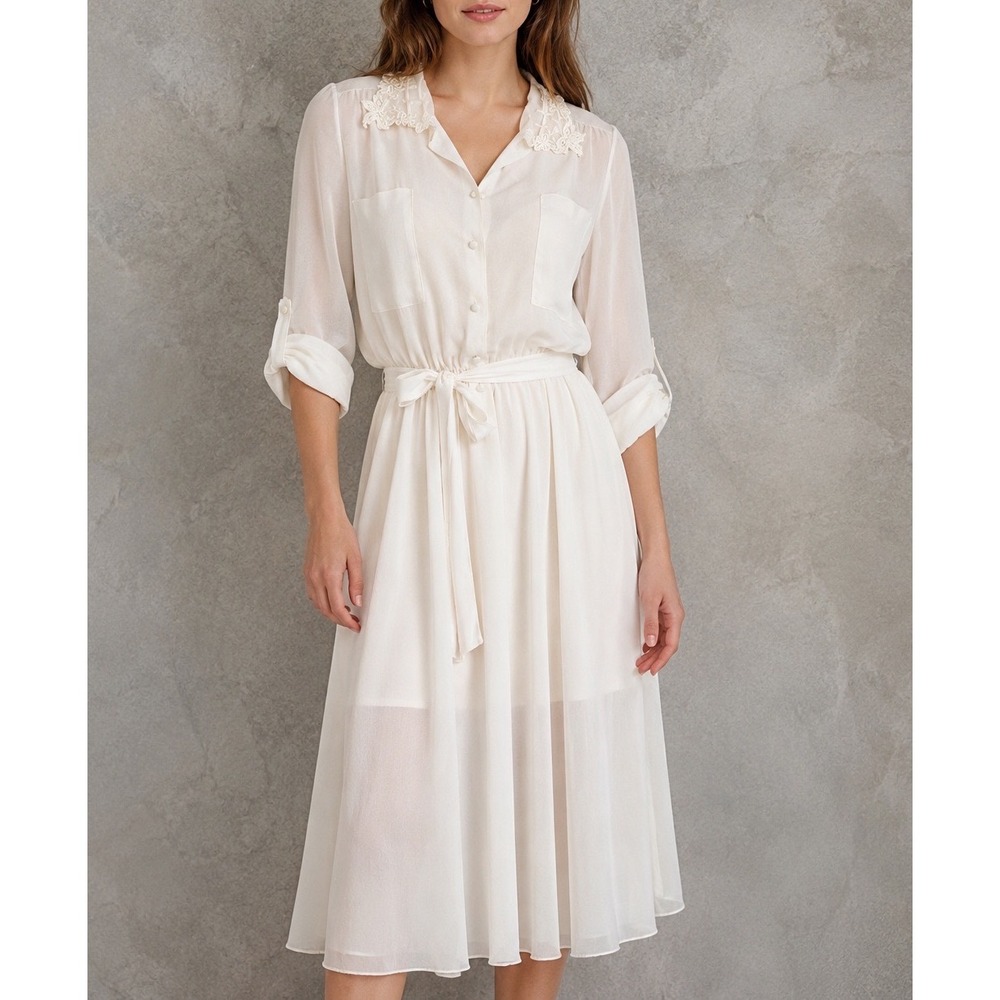 VTG 80s‎ Strauss by Bonnie White Sheer Lace Collar Midi Dress Sz 5/6 modern S/M
